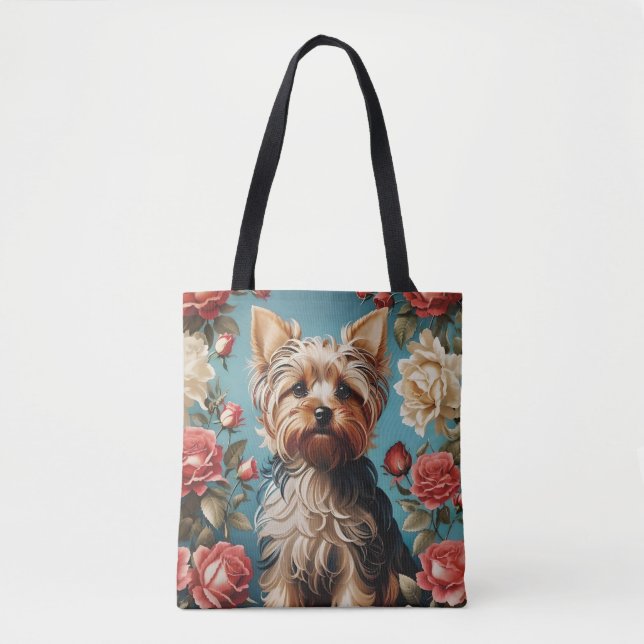 Bolsa Tote Elegant Yorkshire Terrier Portrait Rosa Garden (Frente)