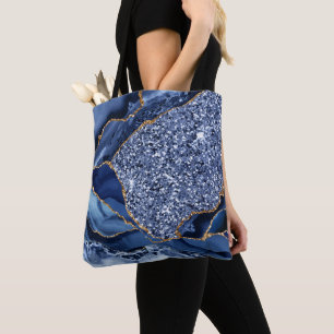 Bolsa Tote Elegante Ágata Oceânica Azul Marinho e Brilho Dour