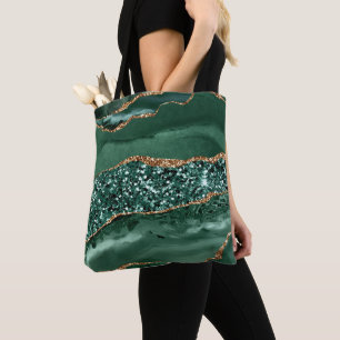 Bolsa Tote Elegante Ágata Oceânica com Brilho Verde e Dourado