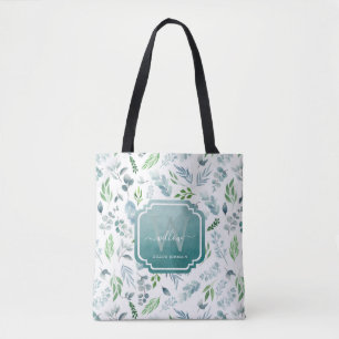Bolsa Tote Elegante Aquarela Verde Botânico Monograma