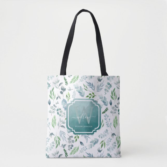 Bolsa Tote Elegante Aquarela Verde Botânico Monograma (Frente)