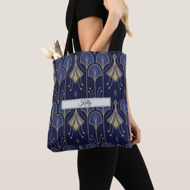 Bolsa Tote Elegante Arte Deco Azul E Dourado (Close Up)