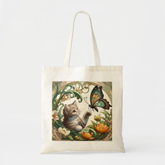 Bolsa Tote Elegante Beige Art Nouveau Kitten e Butterfly