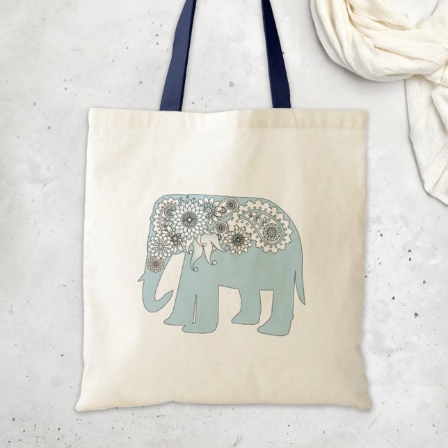 Bolsa Tote Elegante Blue Paisley Elephant (Criador carregado)