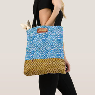 Bolsa Tote Elegante Blue Watercolor Geométrico Rattan