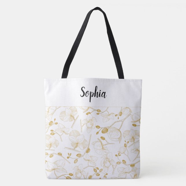 Bolsa Tote Elegante com orquídeas brancas e douradas (Frente)