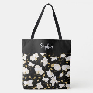Bolsa Tote Elegante com ouro e orquídeas brancas preto-e-bran
