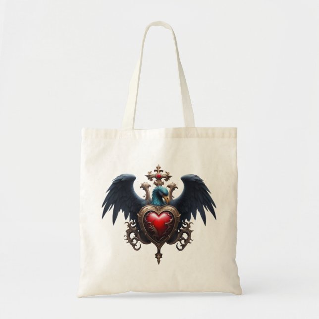 Bolsa Tote Elegante coração gótico com pássaro fantasma. (Frente)