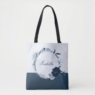 Bolsa Tote Elegante coroa floral azul-marinho e azul poeirent