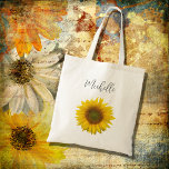 Bolsa Tote Elegante de girassol moderno personalizado<br><div class="desc">Saco de tote de girassol amarelo personalizado moderno,  com tipografia personalizável de script preto. Aproveite este item acessório elegante para uso diário ou como presente para alguém especial.</div>
