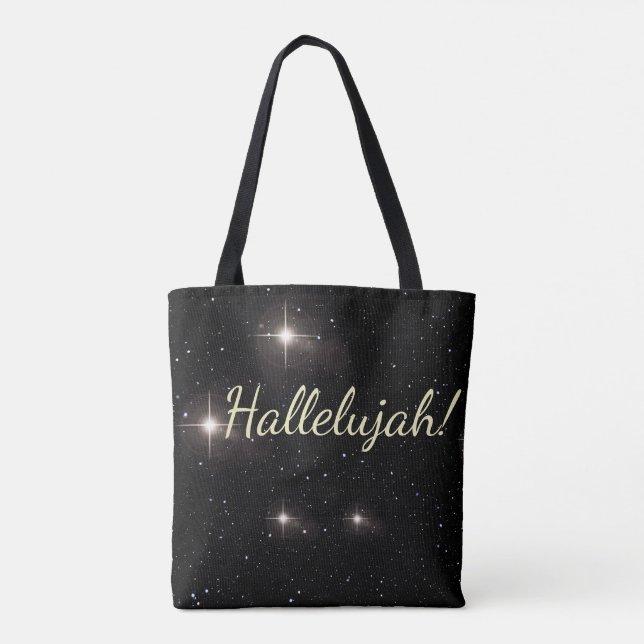 Bolsa Tote Elegante Dourado "Aleluia!" Feriado Negro Starry (Verso)