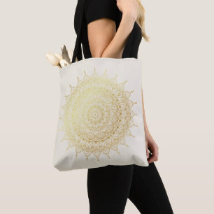 Bolsa Tote Elegante Dourado em Cream Floral Henna Mandala