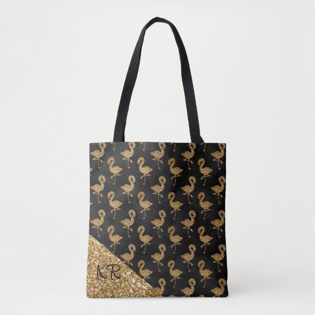 Bolsa Tote Elegante Dourado Flamingo Pattern Monograma (Frente)