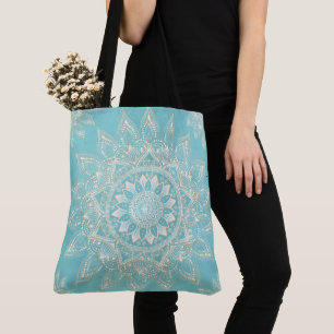 Bolsa Tote Elegante Dourado Mandala Sky Blue Design