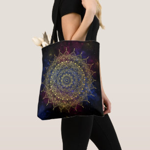 Bolsa Tote Elegante Dourado na Nebulosa Escura Floral Henna M