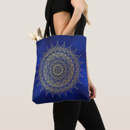 Bolsa Tote Elegante Dourado no Floral Azul Profundo Henna Man
