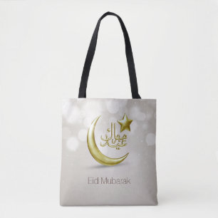 Bolsa Tote Elegante Eid Mubarak Dourada Moon Star - Saco de T