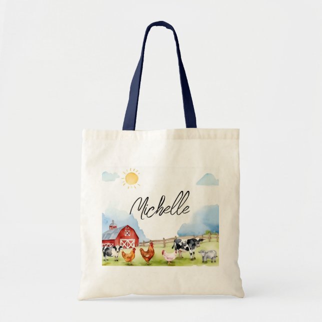 Bolsa Tote Elegante Farmhouse Red Barnyard Fazenda Animal Per (Frente)