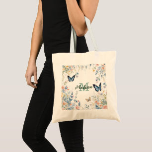 Bolsa Tote elegante Flor Silvestre Verde Boho Monograma Em Fl