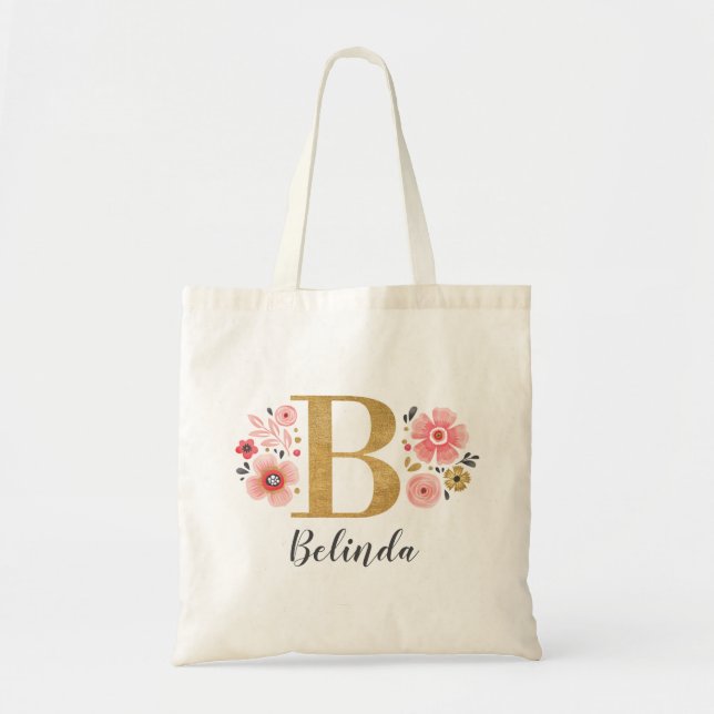 Bolsa Tote Elegante Floral com Inicial de Nome em Monograma D (Frente)