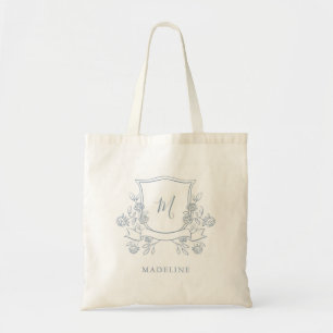Bolsa Tote Elegante Floral Crest   Monograma Azul Dusty