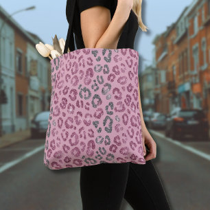 Bolsa Tote Elegante Glitter Leopardo Rosa Prata em Dourado Ro