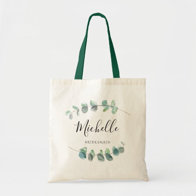 Bolsa Tote Elegante Greenery Bridesmade Eucalyptus Leaf Name (Frente)