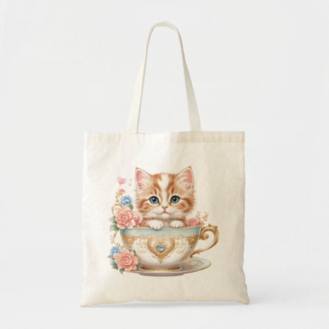 Bolsa Tote Elegante Kitten em Teacup - Design floral - (Frente)