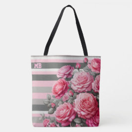 Bolsa Tote Elegante Listrado Rosa e Cinza com Rosas