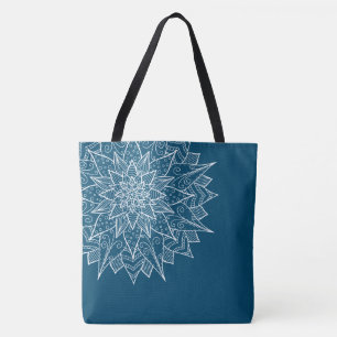 Bolsa Tote Elegante Mandala Floral Azul e Branco