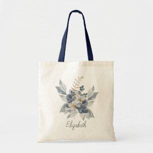 Bolsa Tote Elegante Marinho Azul Buquê Floral Bridesmaid