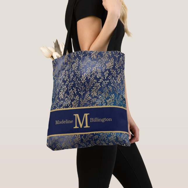 Bolsa Tote Elegante Marinho Azul Dourado deixa nome monograma (Close Up)
