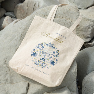 Bolsa Tote Elegante Marinho Clássico Azul Feliz Hanukkah Flor