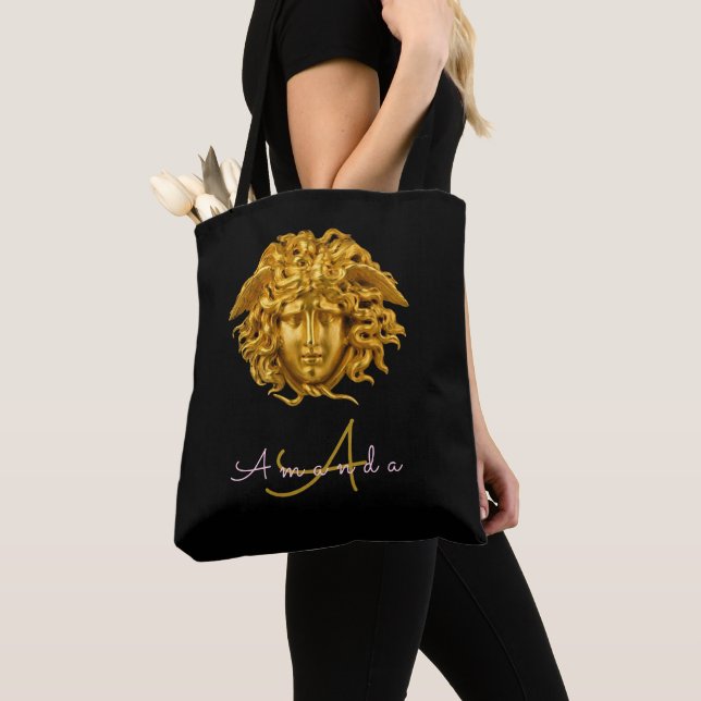 Bolsa Tote Elegante Medusa Script Haute Couture Chic Black (Close Up)