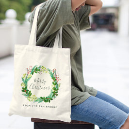 Bolsa Tote Elegante Modern Wreath Family Name Feliz Natal