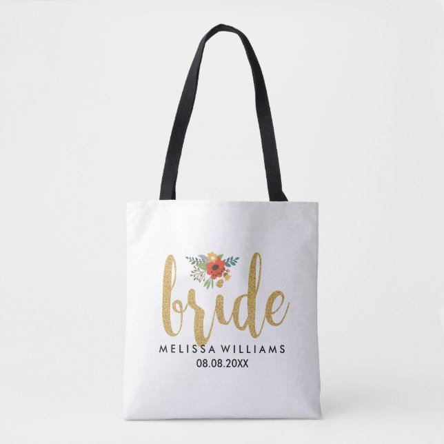 Bolsa Tote Elegante Moderno Dourado Texto-Brilho Acento Flora (Frente)