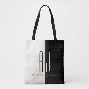 Bolsa Tote Elegante Moderno Mármore Preto e Branco Monograma