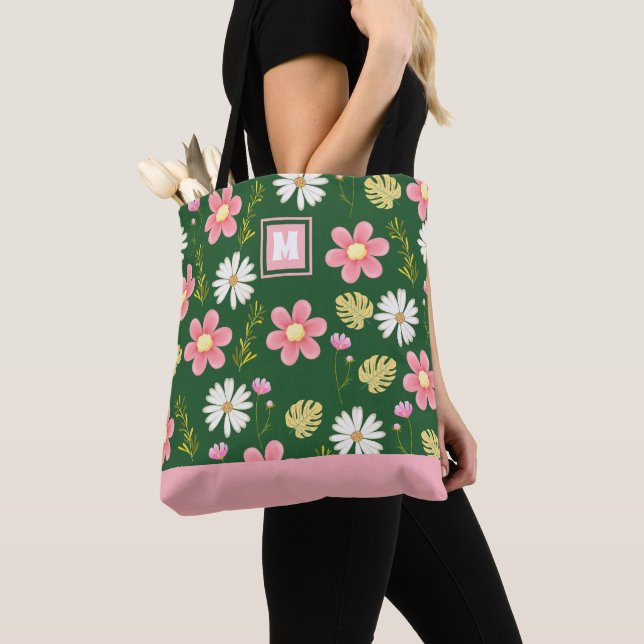 Bolsa Tote Elegante Moderno Verde Rosa Floral (Close Up)