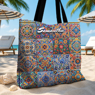 Bolsa Tote Elegante monograma de azulejos vermelhos e amarelo