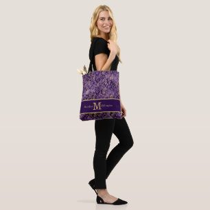Bolsa Tote Elegante Monograma de Nome Folhas de Ouro Roxo