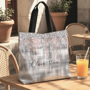 Bolsa Tote Elegante monograma de prata com brilho pingando