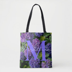 Bolsa Tote Elegante monograma floral em azul roxo verde