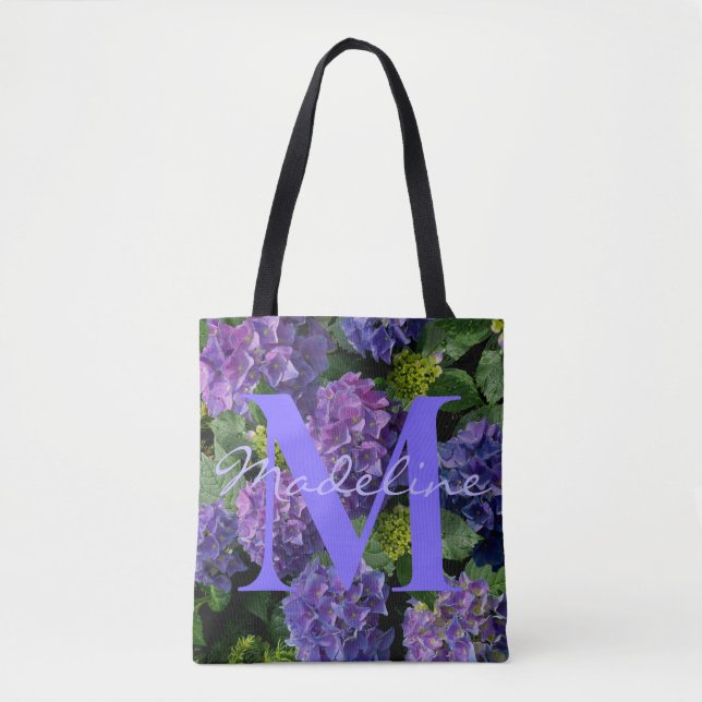 Bolsa Tote Elegante monograma floral roxo azul verde (Frente)