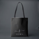 Bolsa Tote Elegante Monograma Preto Branco Minimalista Modern<br><div class="desc">Personalize esta bolsa de mão elegante com o monograma da inicial do seu nome. O design apresenta um simples monograma personalizado em tipografia minimalista moderna clássica branca sobre um fundo preto. Fácil de personalizar. Perfeito como item de presente para todos os seus entes queridos. Pegue um para você também.</div>