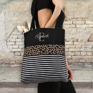 Bolsa Tote Elegante Monograma preto Leopard Animal Print Note