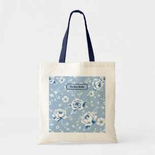 Bolsa Tote Elegante Motivo de Chinoiserie Azul e Branco