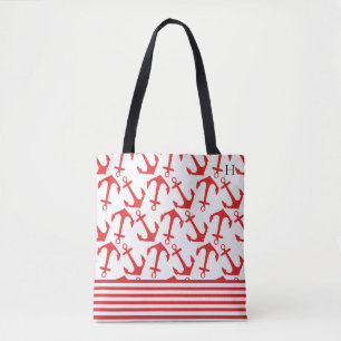 Bolsa Tote Elegante Padrão de Âncora Vermelha Monograma Coste
