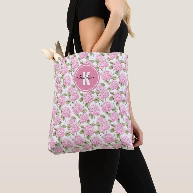 Bolsa Tote Elegante Padrão de Flores de Hortênsia Rosa com Mo (Close Up)