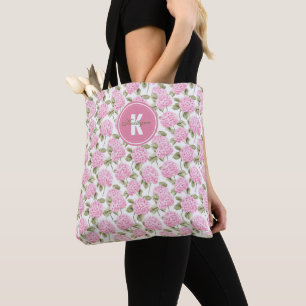 Bolsa Tote Elegante Padrão de Flores de Hortênsia Rosa com Mo