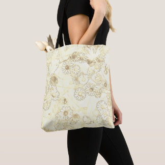 Bolsa Tote Elegante padrão de margarida em creme e branco